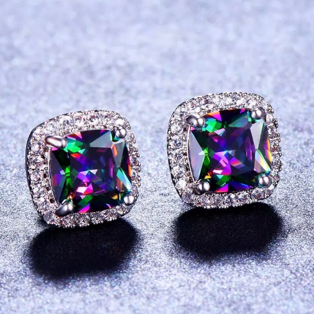 Rainbow Topaz Diamond Stud Earrings - Picture 2 of 5